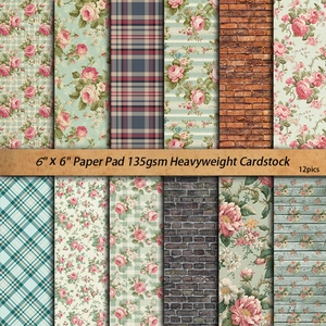 6x6 inch vintage floral and plaid scrapbook paper pad 135gsm 12 sheets for DIY crafts