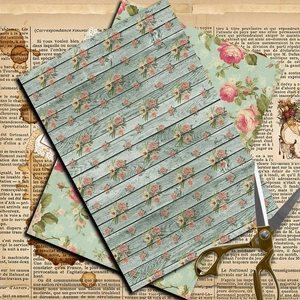 Retro floral and vintage wood grain scrapbooking paper set with decorative scissors