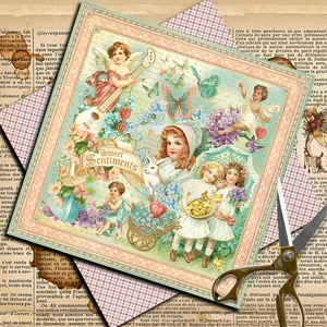 Vintage scrapbooking paper with floral patterns and Victorian angel motifs for DIY crafts