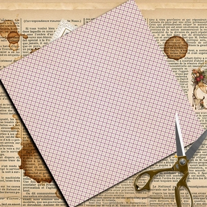 Vintage lavender plaid scrapbooking paper on antique newspaper with golden scissors