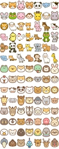 Close-up of various cute cartoon animal stickers including cats, bears, and pandas