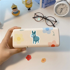 Cute cream animal hard shell pencil case featuring blue donkey and floral patterns