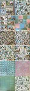 Macro display of 12 woodland animal and vintage floral pattern scrapbooking papers