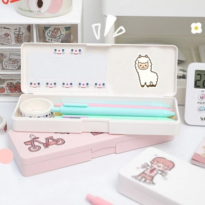 Cute cartoon animal stationery storage box with stickers for desk organization