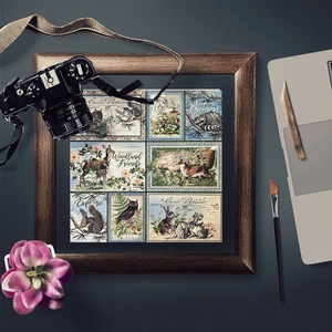 Detail of vintage woodland animal decorative cards with deer and fox hand-drawn illustrations