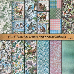 12 sheets of 6x6 inch vintage forest animal scrapbooking paper for DIY journal decor