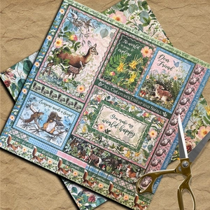 Vintage forest animal and flower decorative scrapbook paper with deer, rabbit and motivational quotes