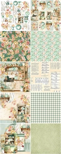 Detail of vintage kitchen theme junk journal papers with floral and recipe patterns