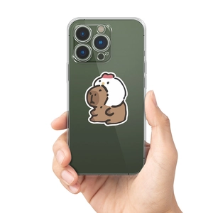 Transparent iPhone case with cute cartoon capybara wearing a small chick hat