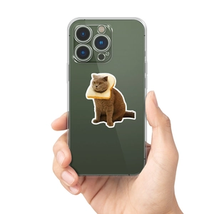 Clear phone case featuring a cute cartoon cat wearing a toast collar sticker design