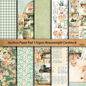 Retro kitchen themed junk journal background paper set, 10 sheets of vintage 135gsm cardstock
