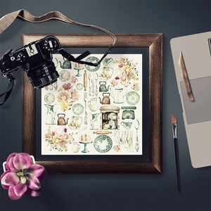 Flat lay of vintage junk journal decorative paper with watercolor kitchen illustrations