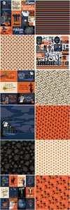 Close-up of 12 vintage Halloween scrapbook papers with pumpkin and bat patterns