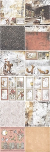 Detailed set of vintage scrapbook paper featuring squirrels, swans, and snowy winter scenes