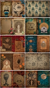 Detailed view of vintage occult scrapbooking paper with moon phases and mystical eyes