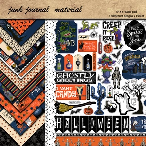 12 sheets of vintage Halloween scrapbook paper with spooky pumpkins and ghosts designs