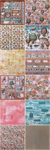 Collage of 12 vintage scrapbooking papers featuring steampunk and floral patterns