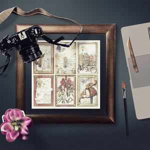 Vintage scrapbooking paper set with squirrel and snowy street art in dark brown frames