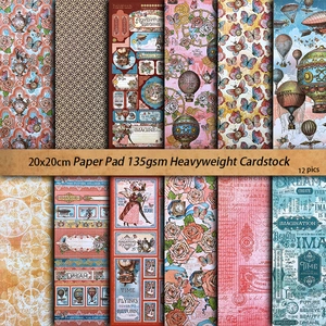 Vintage craft scrapbook paper set featuring 12 patterns of retro steampunk designs