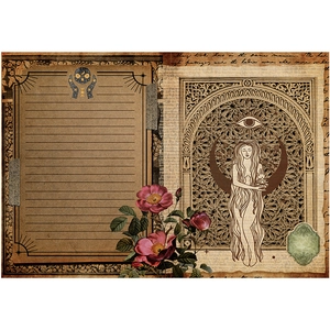 Vintage scrapbooking paper with abstract body art and mystical moon patterns