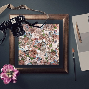Retro decorative card with vintage butterfly, rose patterns, and dark wood frame
