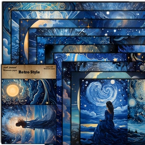 Vintage blue luna scrapbooking papers with starry sky and mythical person patterns