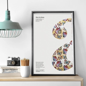 Vintage Times New Roman art print with butterfly and pocket watch detail in black frame