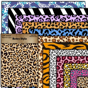 Retro animal print scrapbooking paper kit with leopard, tiger and zebra patterns