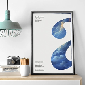 Framed vintage Luna art poster with blue sky typography for creative wall decor