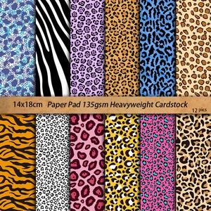 Set of 12 animal print 14x18cm cardstock sheets with leopard and zebra patterns