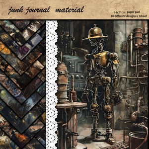 Vintage steampunk material paper collection with industrial clockwork and robot designs