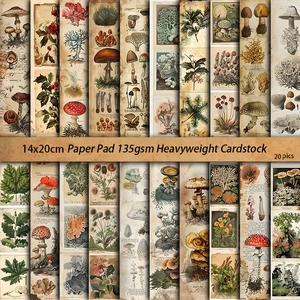 20 sheets of vintage botanical scrapbook paper featuring mushroom and floral illustrations