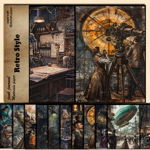 Retro steampunk material papers with victorian figures and scientific laboratory designs