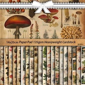 Retro botanical scrapbook paper set with 20 vintage mushroom designs, 14x20cm 135gsm cardstock