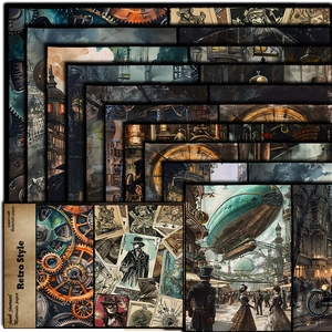 Steampunk industrial revolution retro scrapbooking paper with vintage character patterns