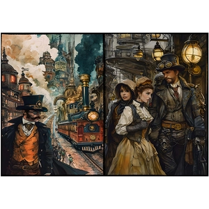Steampunk vintage scrapbooking paper set featuring industrial locomotive and Victorian figures