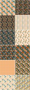 Detail display of 12 vintage floral and geometric scrapbooking paper patterns in autumn colors