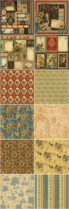 Detailed grid of 12 vintage French Country scrapbooking papers with sunflower motifs