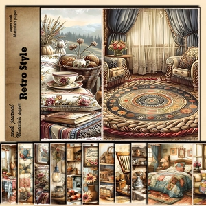 Retro style junk journal material paper set with vintage kitchen and living room patterns