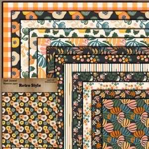 Retro style junk journal material paper set with vintage floral and abstract patterns