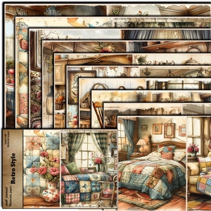 Retro style junk journal material paper set with vintage home and floral designs