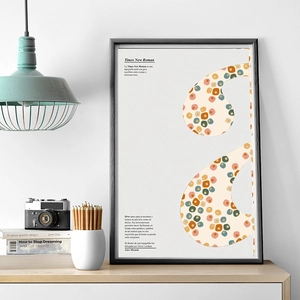 Modern framed poster with Times New Roman typography and abstract colorful dot graphics