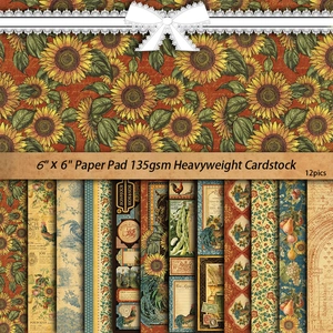 6x6 inch vintage sunflower cardstock paper pad with 12 sheets of 135gsm floral patterns