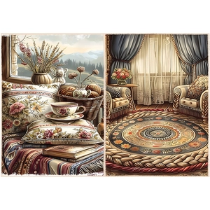 Vintage decorative art paper featuring rustic kitchen and elegant living room illustrations