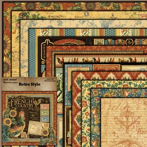 Vintage sunflower scrapbook paper set with French country stamps and nostalgic retro motifs