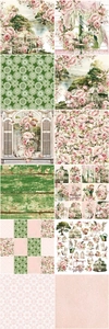Detailed macro view of 12 vintage floral scrapbook paper designs with peonies and cats
