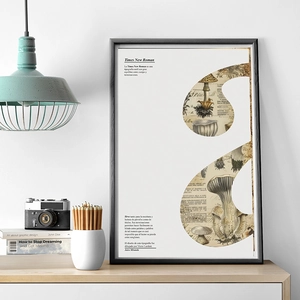 Close-up of vintage mushroom botanical poster in a sleek black wooden frame for home decor