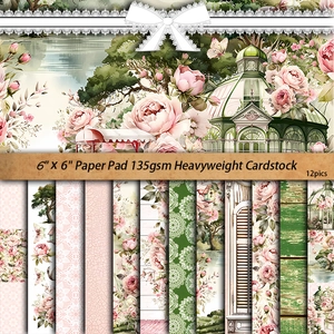 6x6 inch vintage pink peony and floral scrapbook paper pad, 12 sheets of 135gsm cardstock