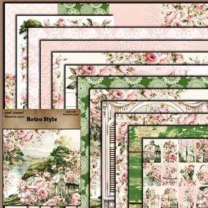 Retro floral garden material paper set with pink peonies and cat patterns for junk journals