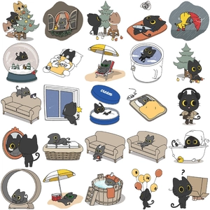 Detail view of 25 cute black cat stickers featuring various cozy daily life scenarios